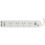 Italplast 4 Outlet Power Board Master Switch Surge Overload 2 USB White